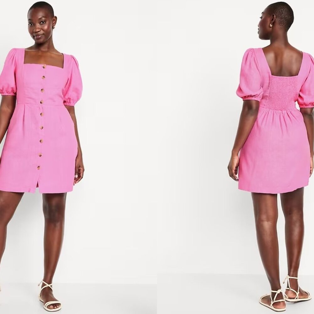 NWT OLD NAVY Puff Sleeve Linen Blend Mini Dress in Vivid Begonia (XL tall)
